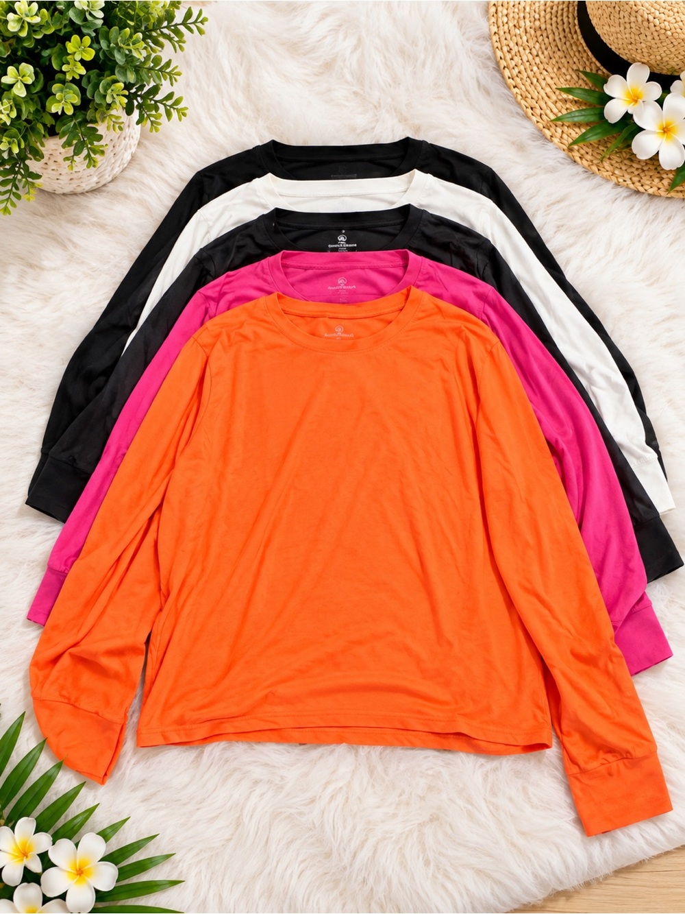 Women's Long Sleeve Crewneck Tee in Orange, Pink, Black, and White